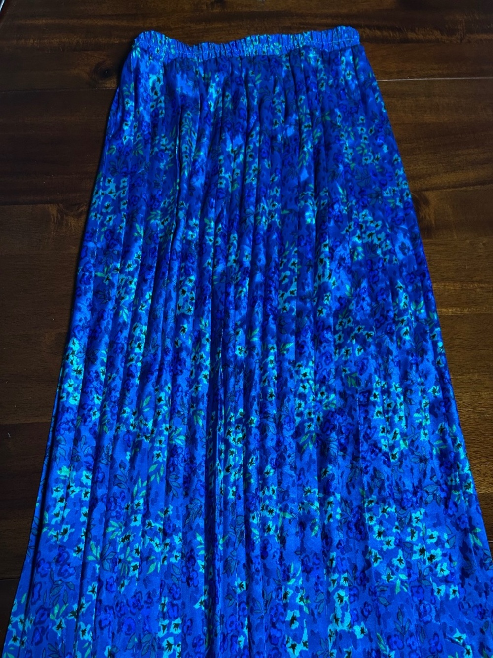 Vintage Blue Floral Pleated Midi Skirt Elastic Waist Size Medium
